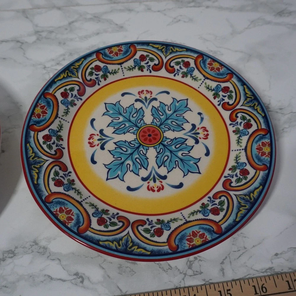 Euro Ceramica Zanzibar Salad Plates Set of 2‎ Blue Yellow Red Floral 8.25 Inch